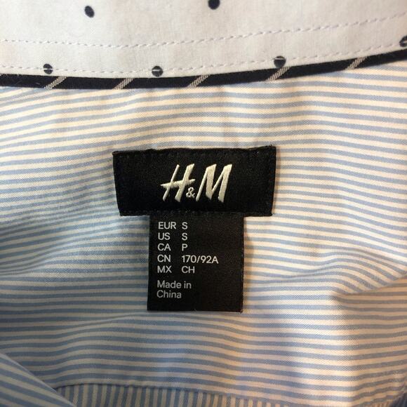 H&M Classic Light Blue Pinstripe Long Sleeve Button Front Shirt Navy Stripe Cuff - Picture 11 of 16